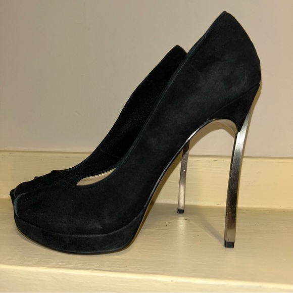 Nine West Leather Suede Open Peep Toe Heels w/ metal heel - Picture 5 of 11
